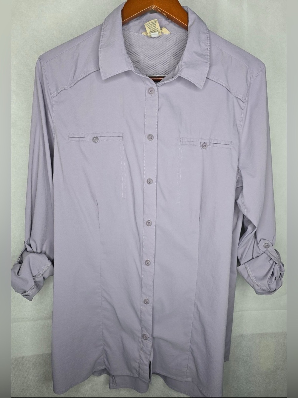 Duluth Trading Co top Button Shirt Purple Nylon Sleeve Hiking Fishing vented